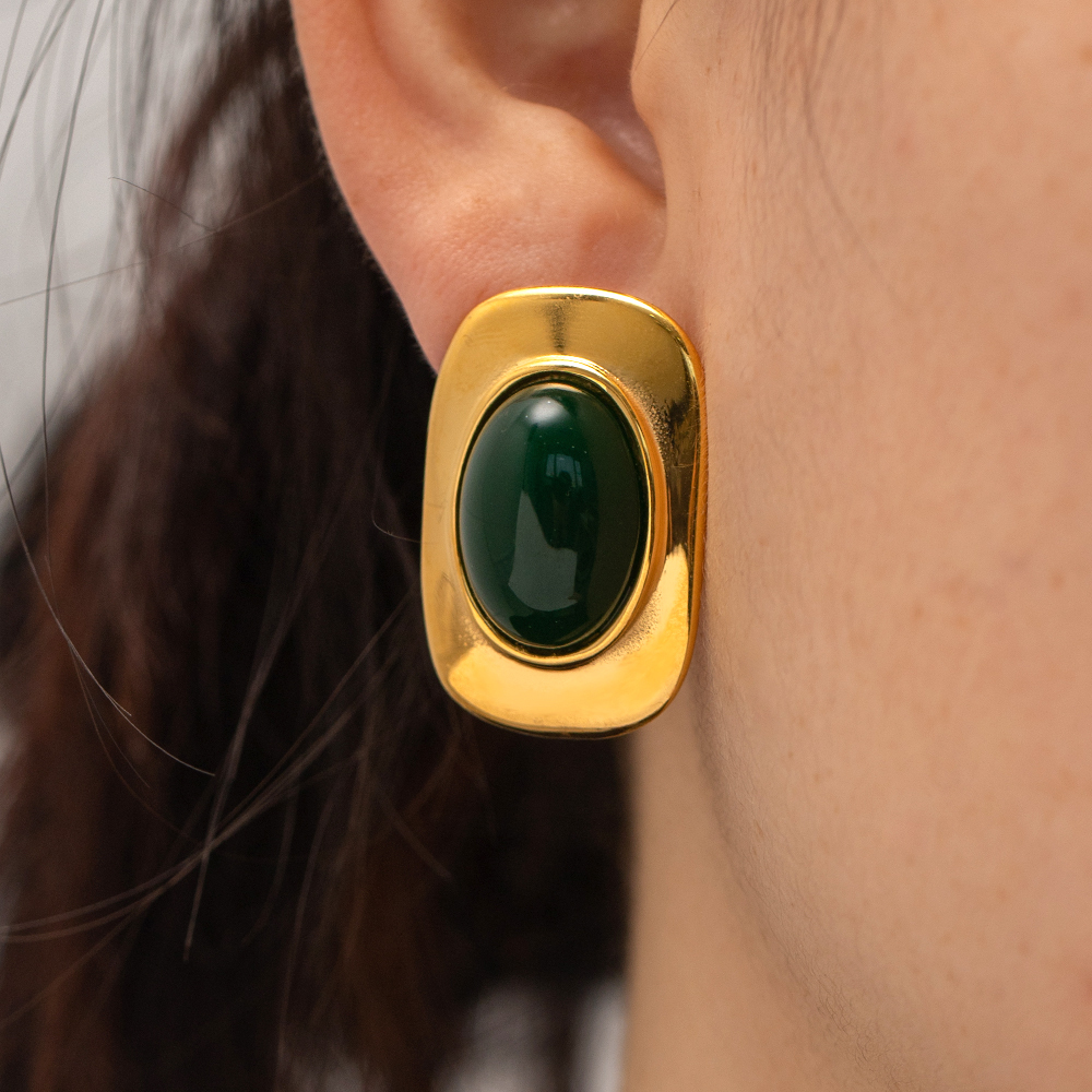 304 Stainless Steel Geometric PVD Coated Cat's Eye Stone 18K Real Gold Plated Retro Classic Style Inlay Ear Studs