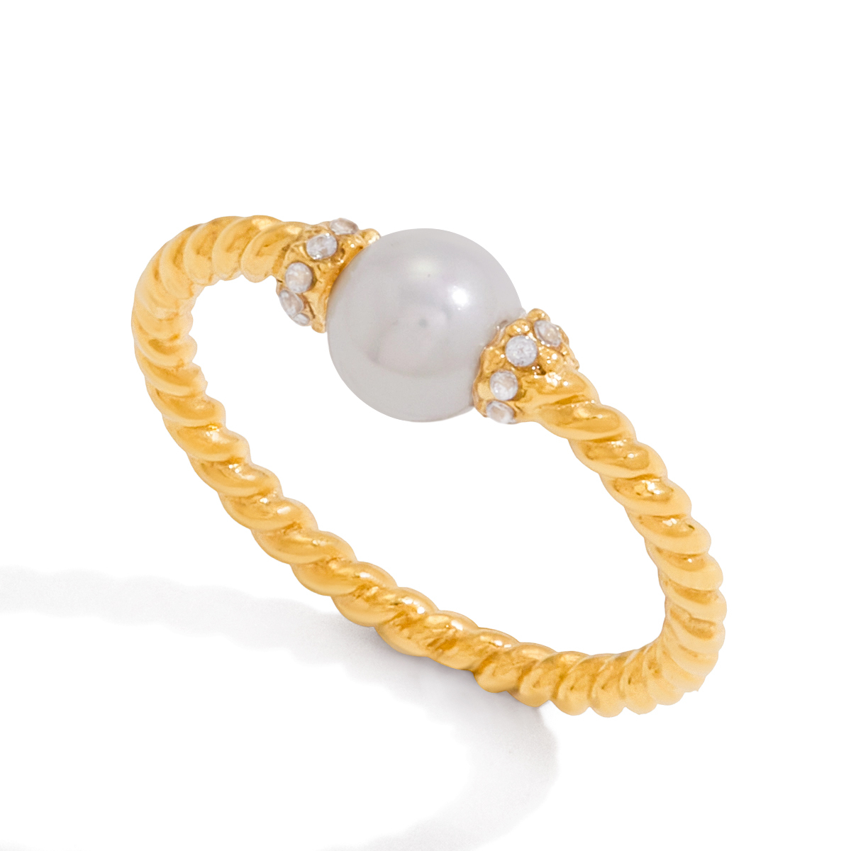 I0/Ladies' Style - Elegant And Graceful Style/18K Gold Stainless Steel + Glass Pearl + Rhinestone/With White Rhinestone Glass Pearl Braided Pattern Ring Size 7