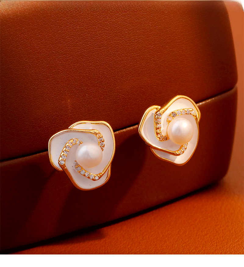 Elegant Pearl Tea Rose Earrings Women's Fashion Commute Delicate Enamel Drip Glaze Studs Trendy Jewelry Accessories