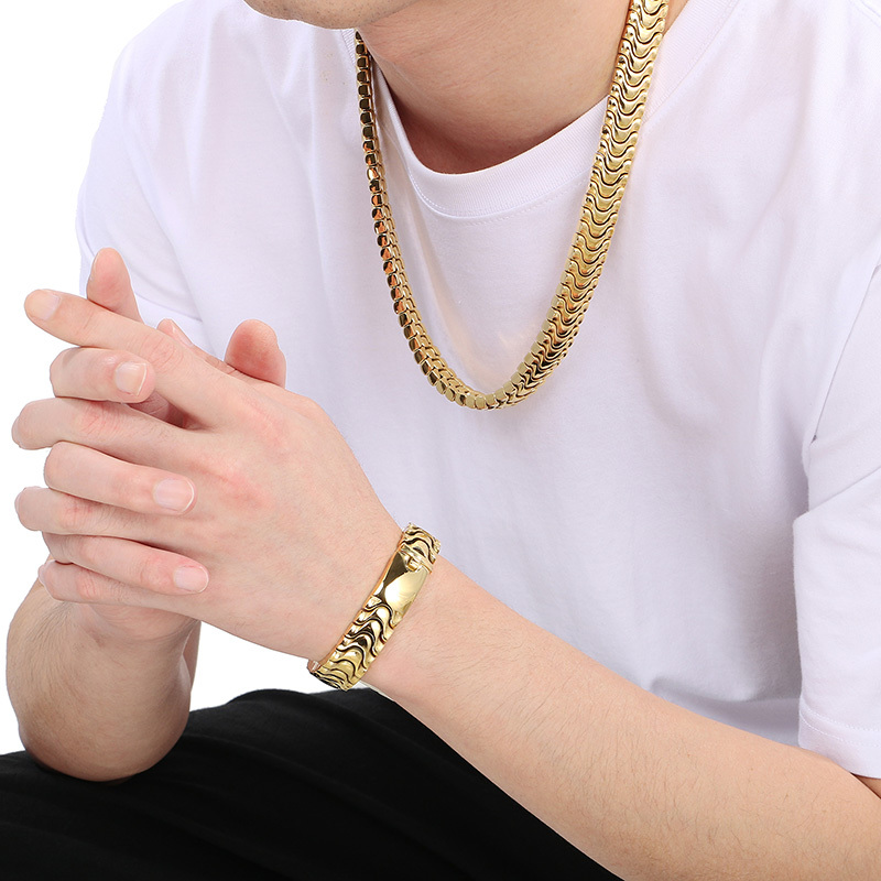 Ion Plating (IP) 18K Gold Plated Geometric 304 Stainless Steel Hip-Hop Waterproof Non Tarnish Jewelry Set