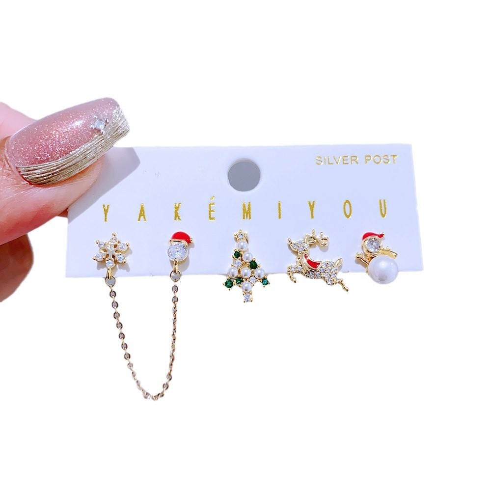 Elegant Christmas Deer Asymmetric Earrings Set 925 Silver Needle Cartoon Studs Women's Jewelry Accessories Christmas Theme