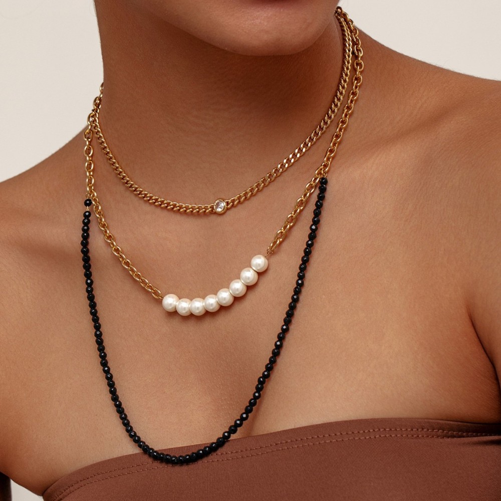 Personalized Design Crystal Imitation Pearl Stitching Titanium Steel Geometric Pattern Women's Necklace Jewelry Accessories