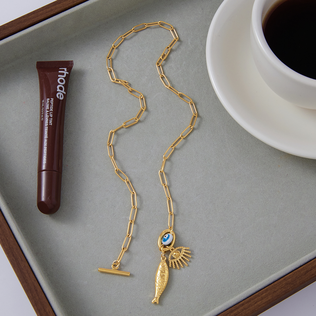 Women's Classic Style 18K Gold Stainless Steel + Resin + Rhinestone Devil's Eye With White Rhinestone + Fish With White Diamond + Resin Devil's Eye Pendant OT Clasp Necklace 45CM