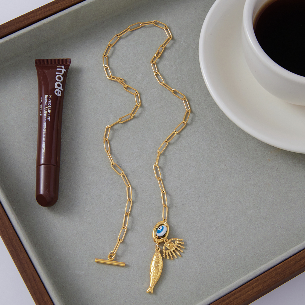 Women's Classic Style 18K Gold Stainless Steel + Resin + Rhinestone Devil's Eye With White Rhinestone + Fish With White Diamond + Resin Devil's Eye Pendant OT Clasp Necklace 45CM