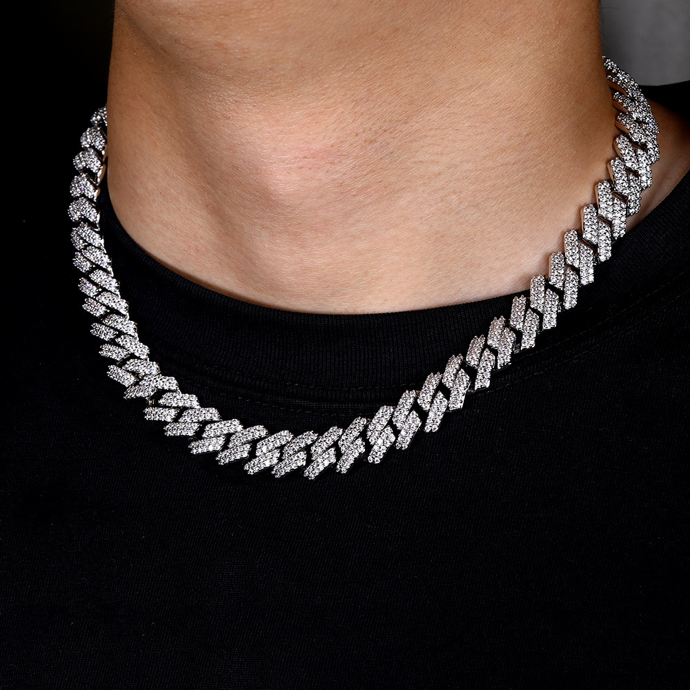 Water Plated Real Gold Electroplated 18K Real Gold Geometric Pattern Copper Heavy Processing Necklace Inlaid With Zircon Cuban Style Diamond Shape Men's Hip Hop Trendy Jewelry Accessories