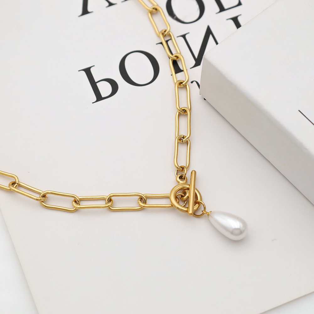 18K Gold OT Clasp Geometric Pearl Titanium Steel Women's Necklace With Round Plated Nylon Chain