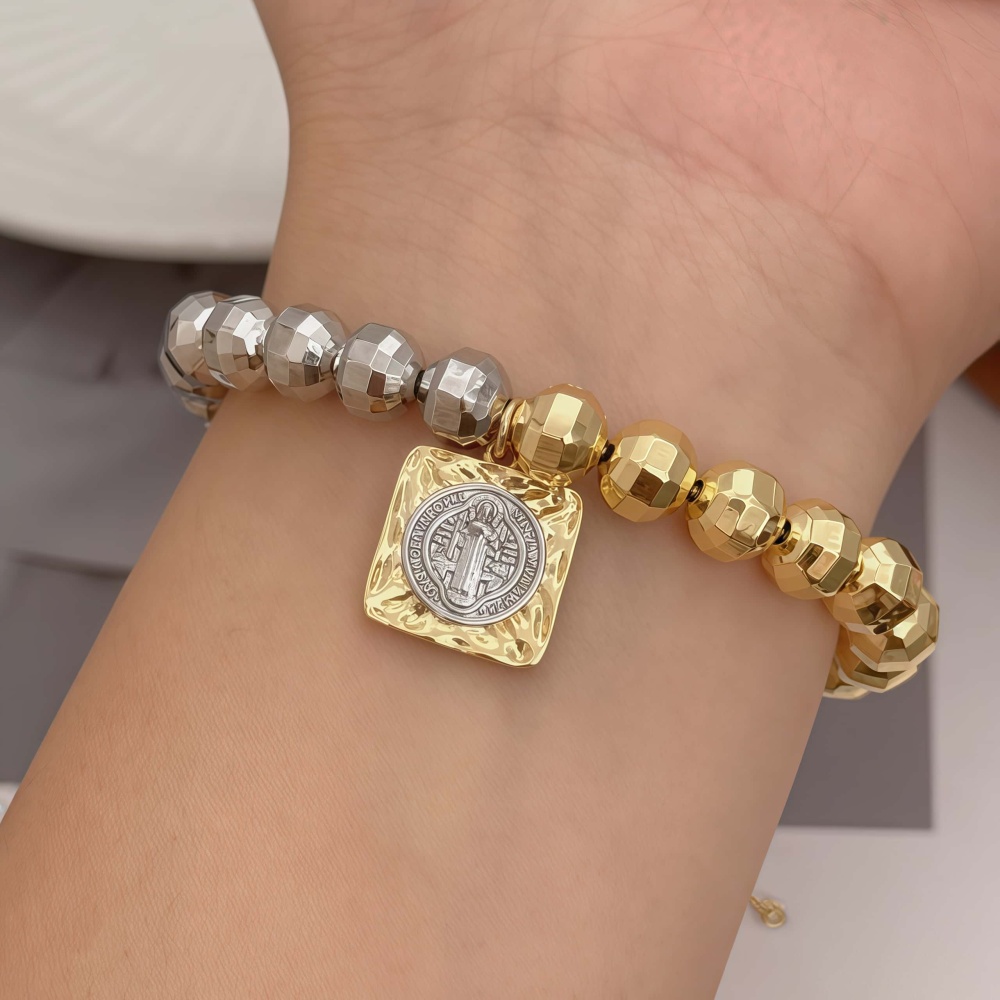 Two-tone Faceted Laser Bead Pendant Double-sided Plated Two-tone Geometric Accessories Plated With 18K Real Gold Vintage Suitable For Men And Women