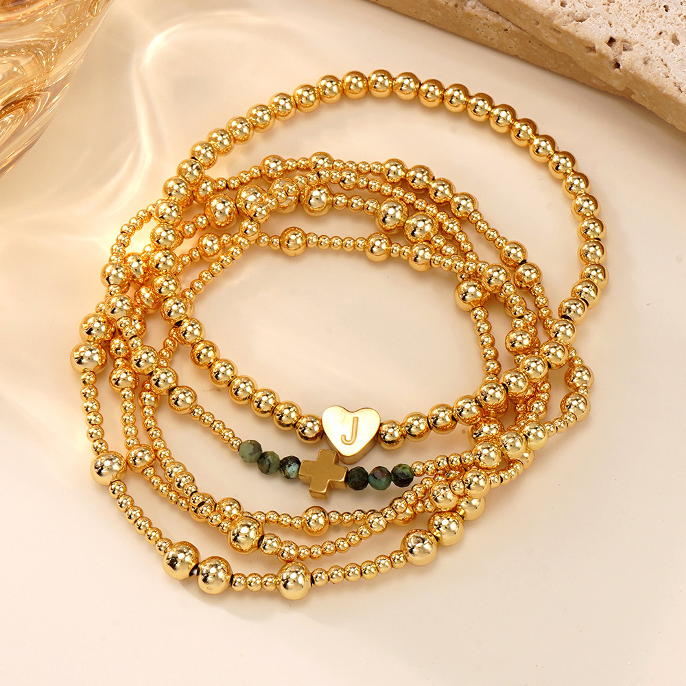 Luxurious Golden Heart Letter African Copper Beads Bracelet Set Of Five Facet Cut Loose Women's Fashion Jewelry Accessories