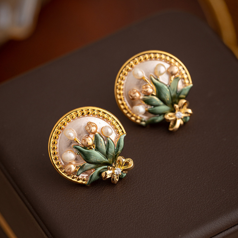 Baroque Pearl Flower Earrings Women Monet Garden Enamel Drip Glaze New Chinese Style Retro Drop Earrings Jewelry Accessories