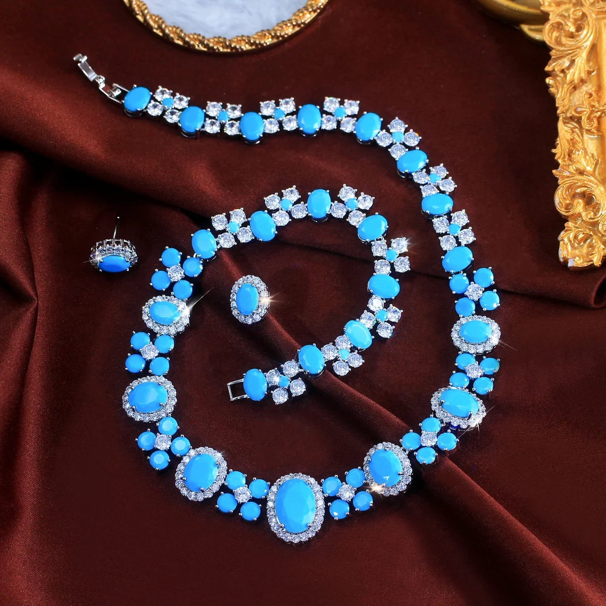 Water Plated White Gold Copper Material Inlaid Blue Turquoise/Zircon Women's Wedding Necklace Earring Set Two-Piece Set Palladium Plated