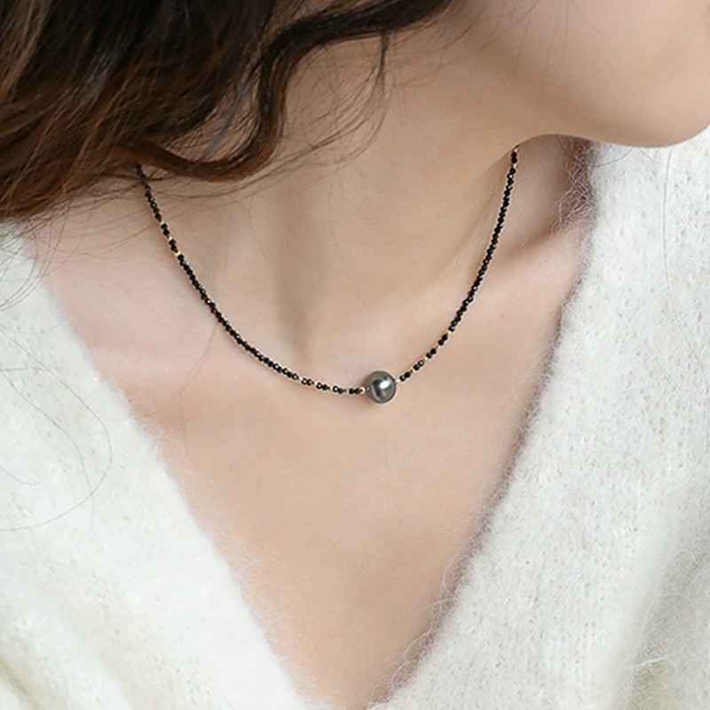 New Black Sharp Crystal Pearl Pendant Necklace Luxury Minimalist Lockbone Chain U-Shape Geometric Design Handmade Jewelry For Women