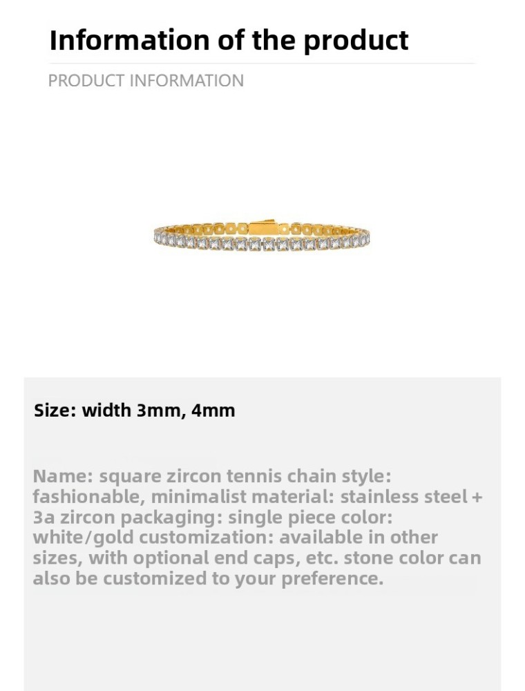 Fashion Stainless Steel Square Zircon Tennis Chain Bracelet Unisex Fashion Accessories Geometric Pattern Personalized Design