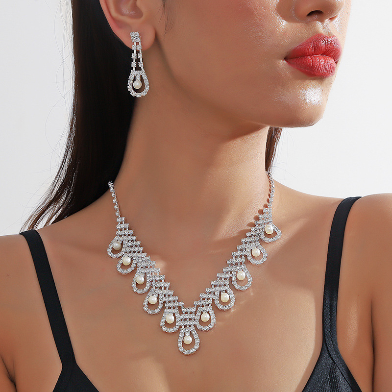Pearl Rhinestone Necklace Earrings Set Wedding Party Dress Zinc Alloy Jewelry Accessories For Women