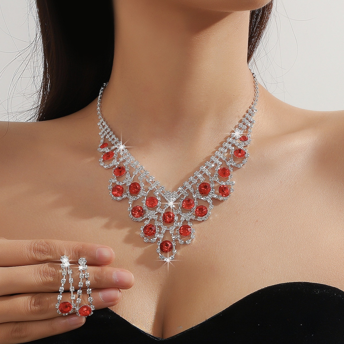 Pearl Rhinestone Necklace Earrings Set Ball Shape Dress Chain Polyester Material Printed Pendant Women Jewelry Accessories