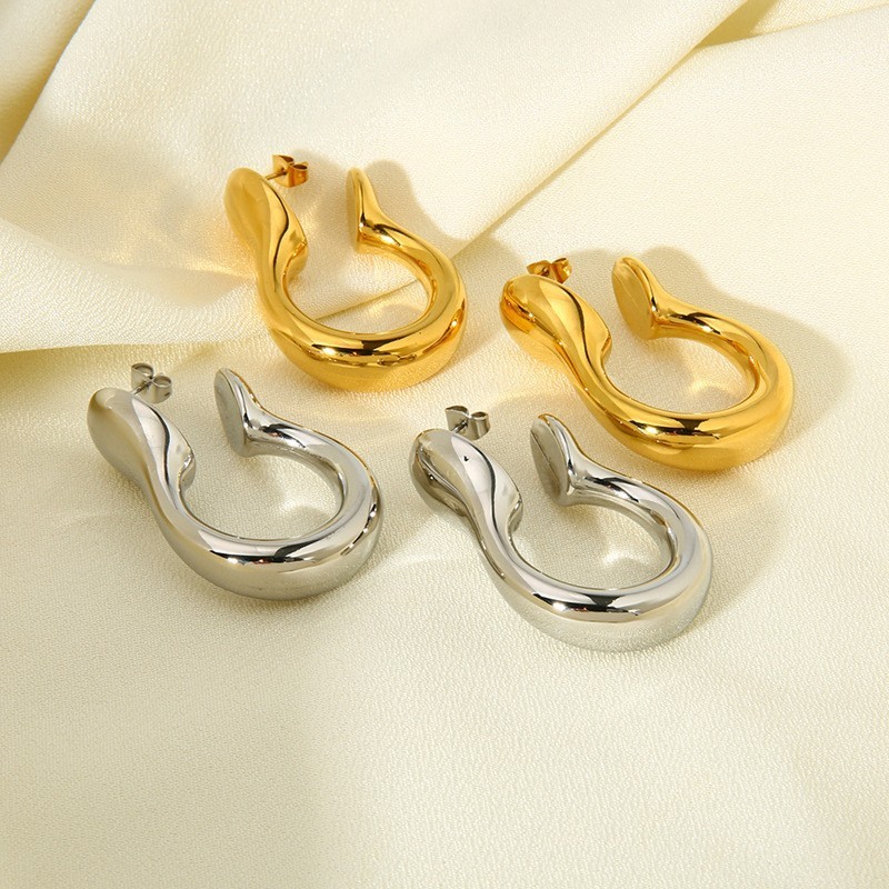Fashionable Geometric Stainless Steel Hoop Earrings Unusual U-Shaped Waterproof Women's Jewelry Accessories Ins Style Gold Plated