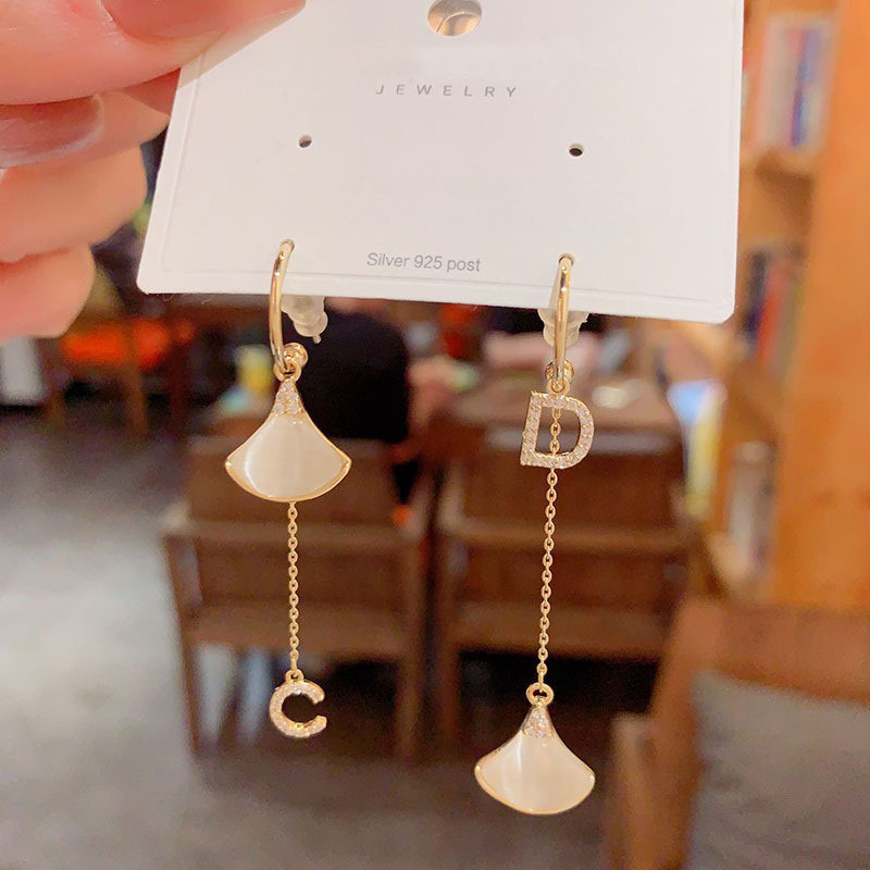 Asymmetric Cat's Eye Stone Earrings Long Women's Elegant Fashion Trend  Geometric Pattern 925 Silver Needle Copper Plated Real Gold