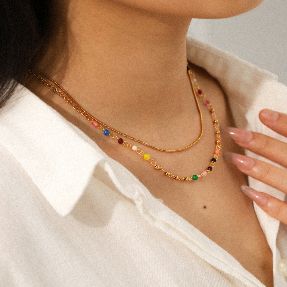 French Double Layer 304 Stainless Steel Necklace Non-Fading Choker Titanium Steel Round Snake Chain Colorful Beaded Chain Bohemian Vacuum Electroplated 18K Real Gold Plated Accessories