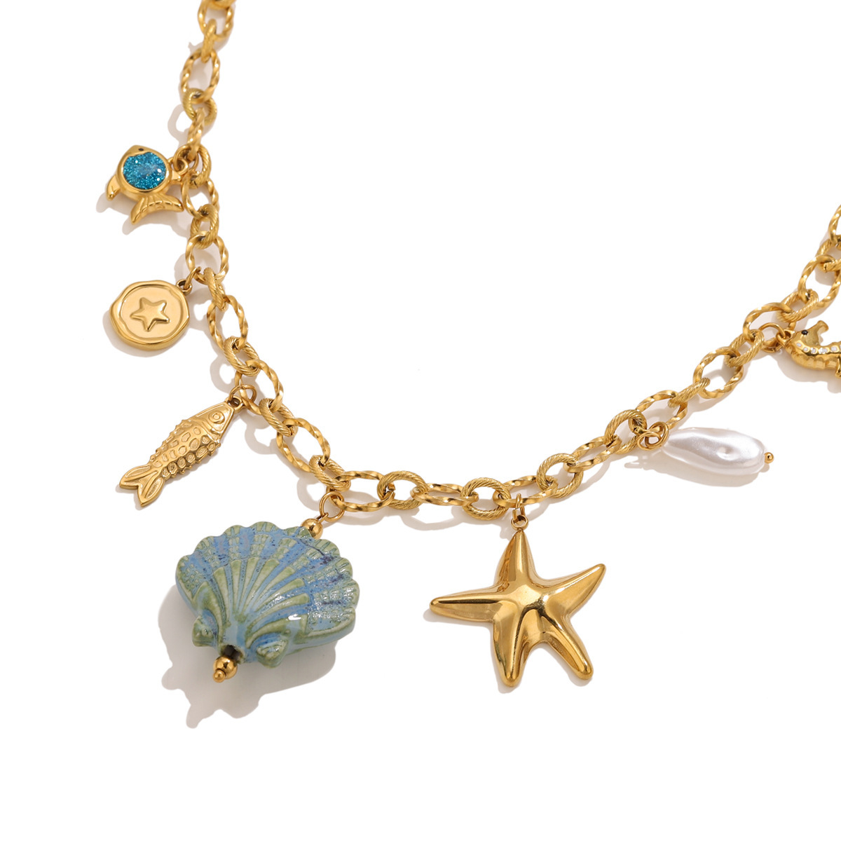 Waterproof Stainless Steel Fan Shell Necklace Women's Vacation Beach Holiday Starfish Pendant High-End Feeling Jewelry