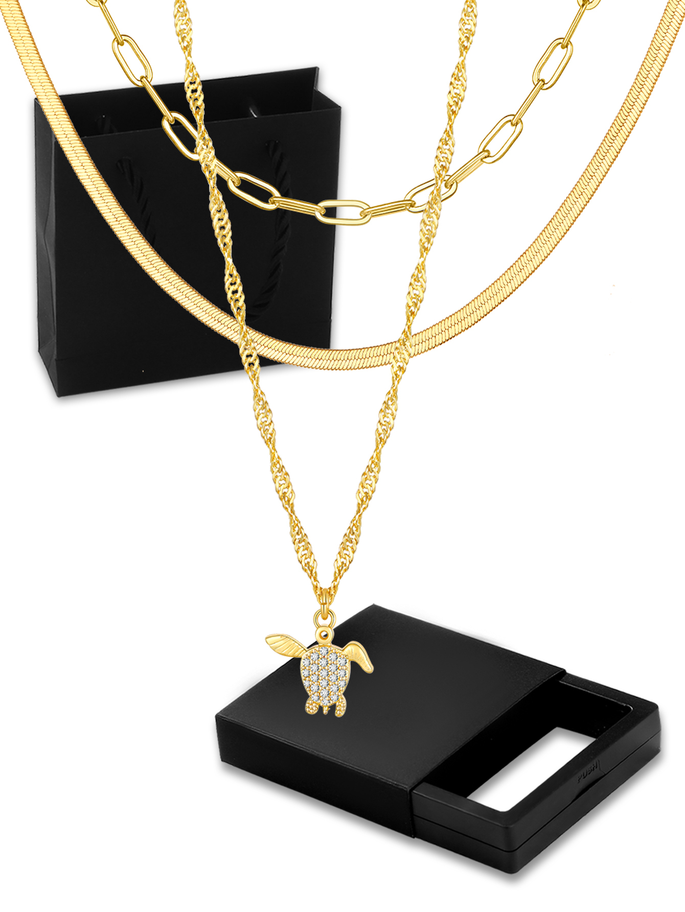 Women's Multi-layer Necklace Gift Set Gold Heart Pendant + Snake Bone Chain + Round Bead Chain French Light Luxury Style Versatile Necklace Niche Design Accessories