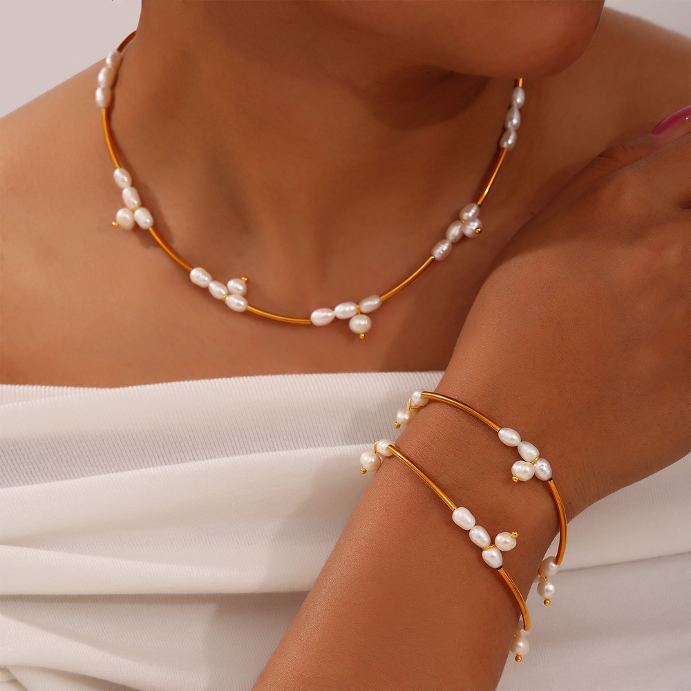 Hepburn Titanium Steel Pearl Bead Geometric Design Jewelry Set Simple Women's Accessories Jewelry
