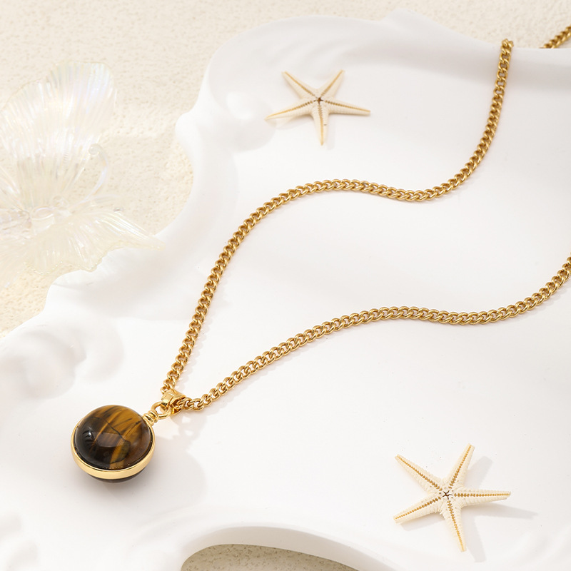 Fashionable Tiger Eye Stone Pendant Necklace Metal Chain Non-Fading 3D Design Versatile Layering Luxury Clavicle Chain Accessory
