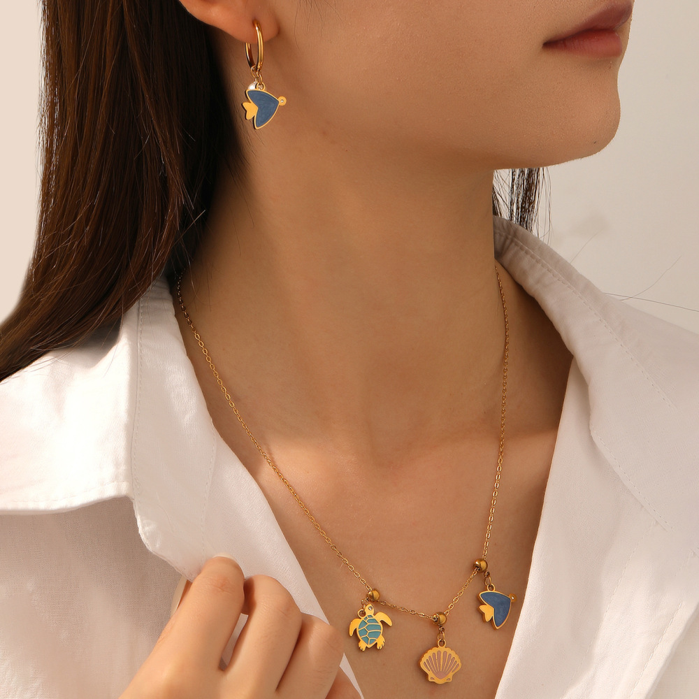 Two-Layer Oregon Drip Oil Cartoon Penguin Pearl Necklace Shell Sea Turtle Fish Ocean Animal Jewelry Accessories Stainless Steel