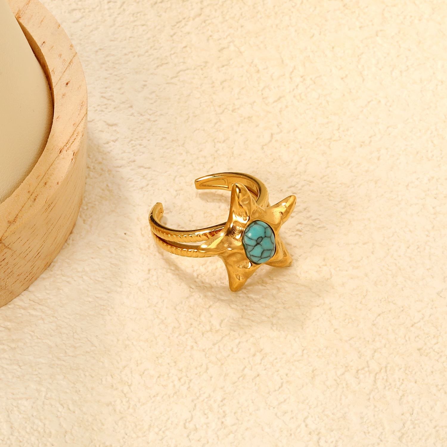 Graceful Vintage Open Ring Turquoise Star Design 304 Stainless Steel Starfish Ring Women's Fashion Jewelry Accessories Ocean Style