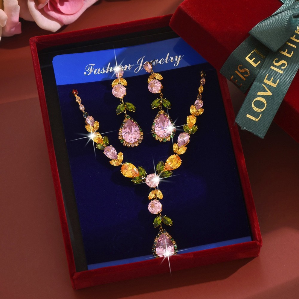 Luxurious Rainbow Zircon Heart Necklace Earrings Set Elegant Dinner Wedding Dress Accessories Fashionable Jewelry Combo For Women