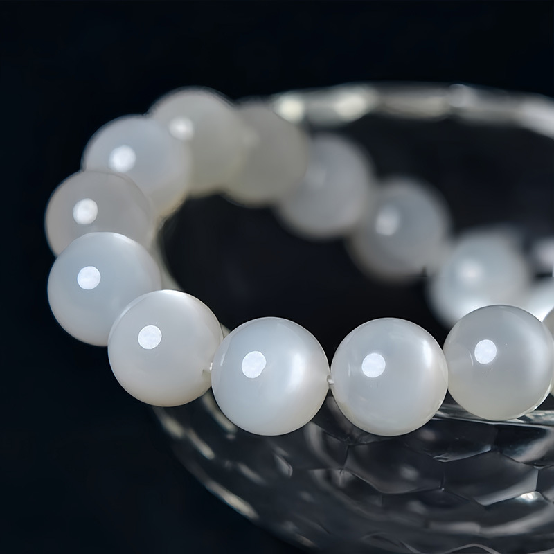 Natural White Moonstone Bracelet Strong Cat's Eye Body Transparent Crystal Gem Classic Round Bead Geometric Pattern Polished