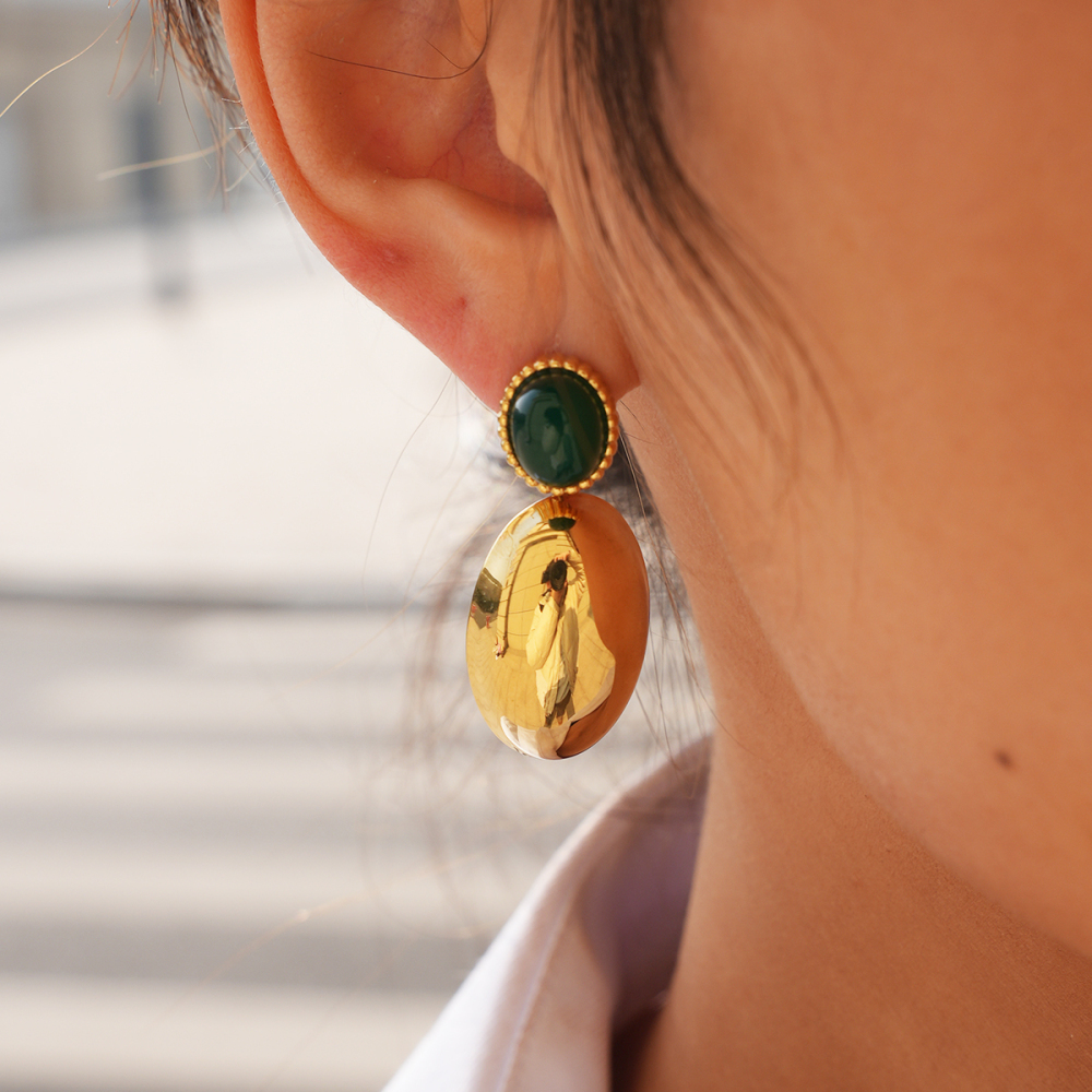 18K Gold Plated 304 Stainless Steel Vacuum Electroplated Vintage Oval Natural Stone Earrings Jewelry Women's Accessories Waterproof Non-Fading Three-Dimensional Design