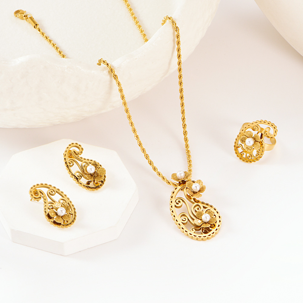 Three-piece Set Five-leaf Flower Stick Diamond Pearl Necklace Sense Ladies Stainless Steel Ring Accessories