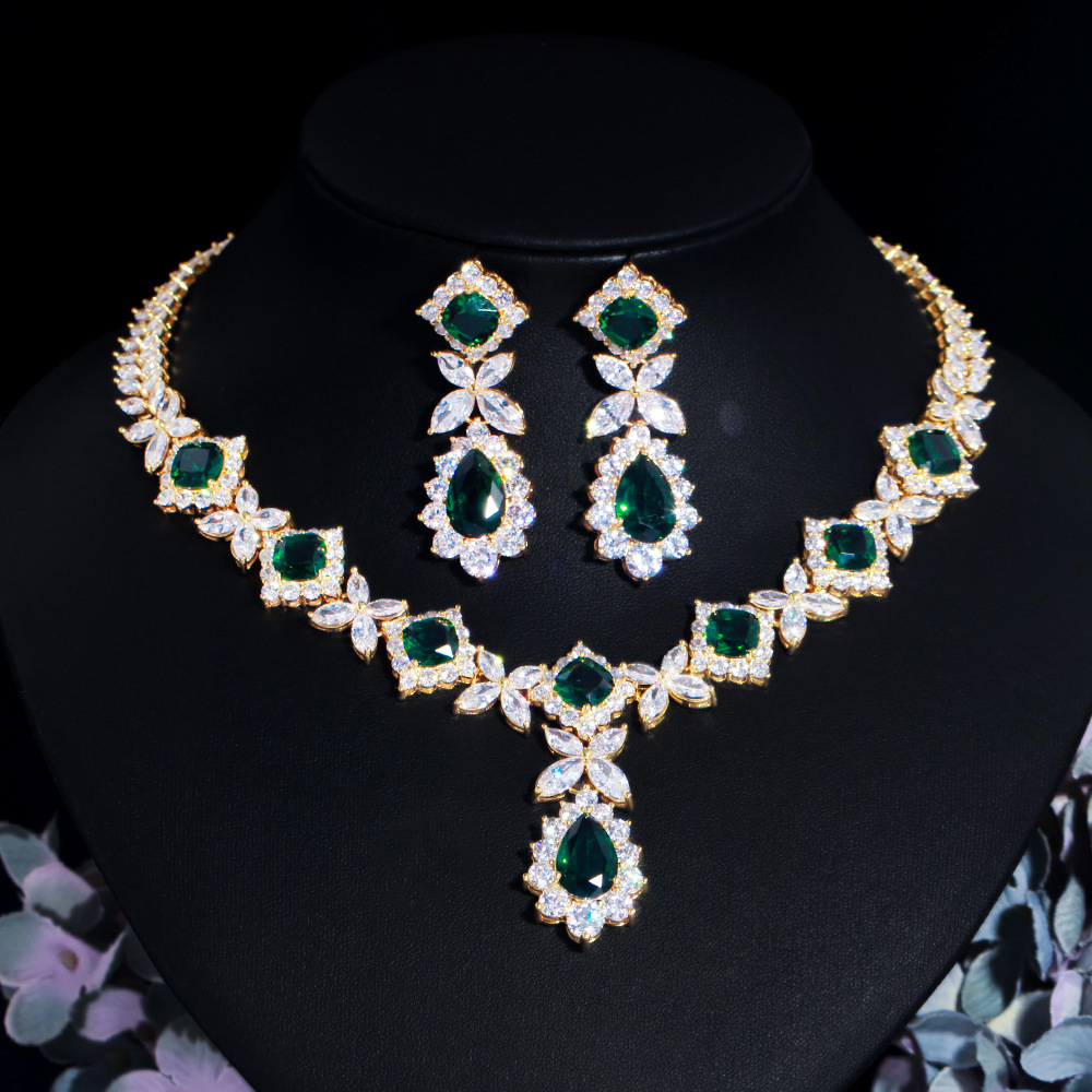 Ruili Flower Zircon Necklace And Earrings Set For Women, Emerald Gemstone Wedding Dress Jewelry Accessories, Water Plating