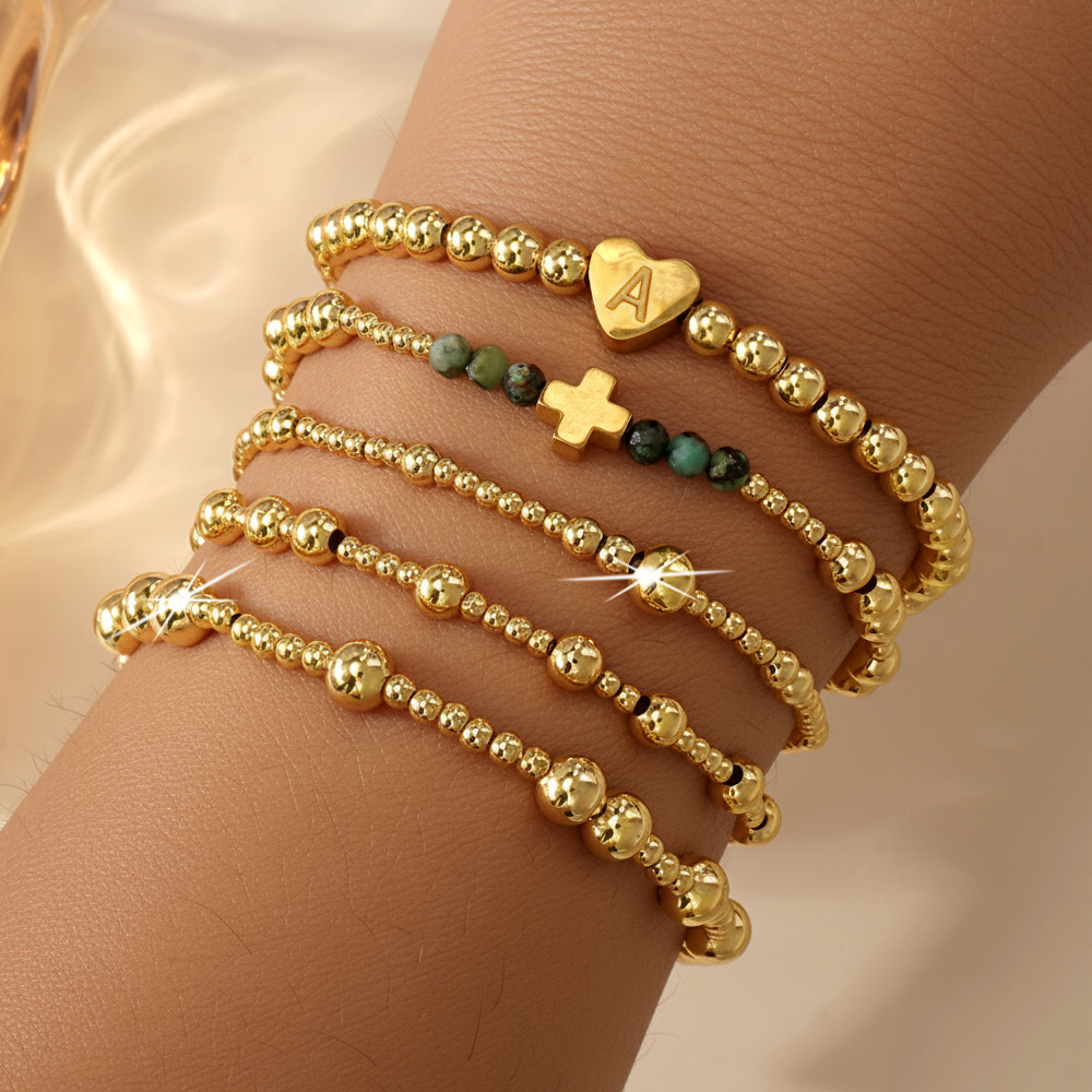 Luxurious Golden Heart Letter African Copper Beads Bracelet Set Of Five Facet Cut Loose Women's Fashion Jewelry Accessories