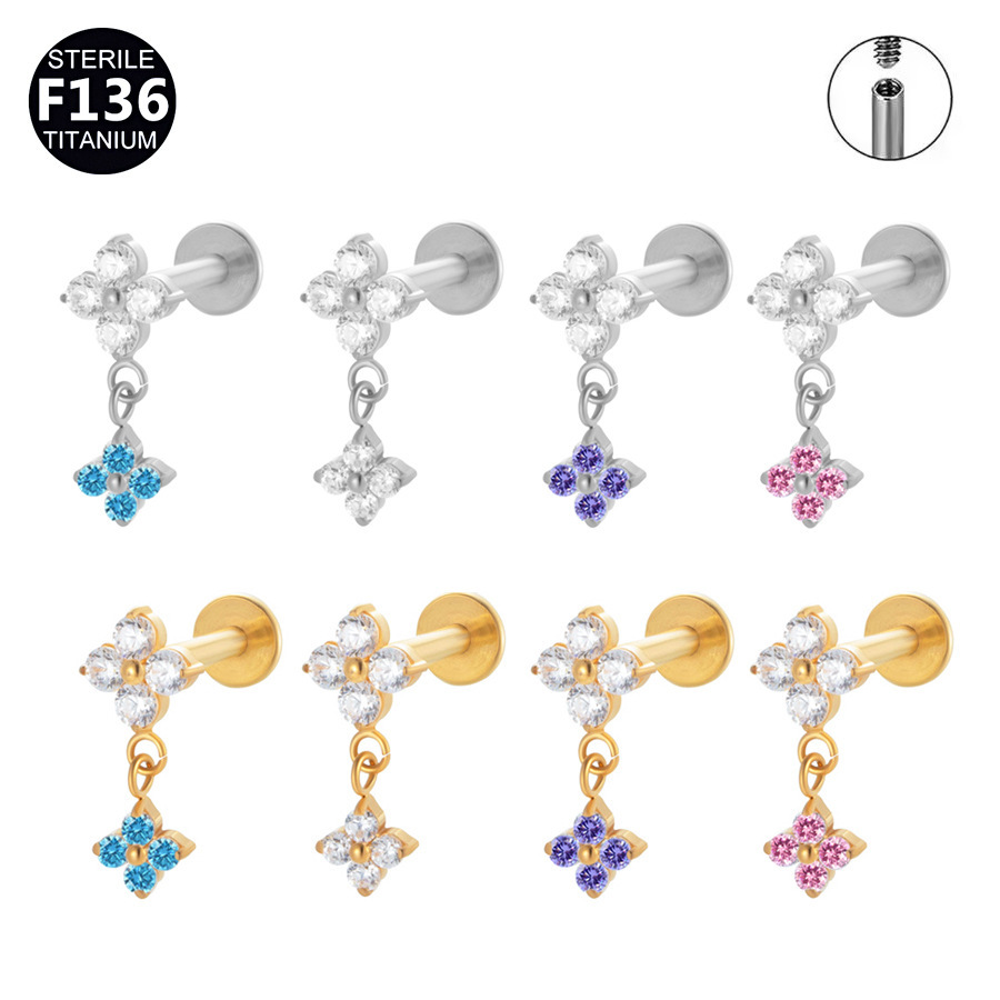 Titanium Earrings With Floral Pendant Internal Thread 0.9mm Soft Cartilage Needle Body Piercing Jewelry Accessories