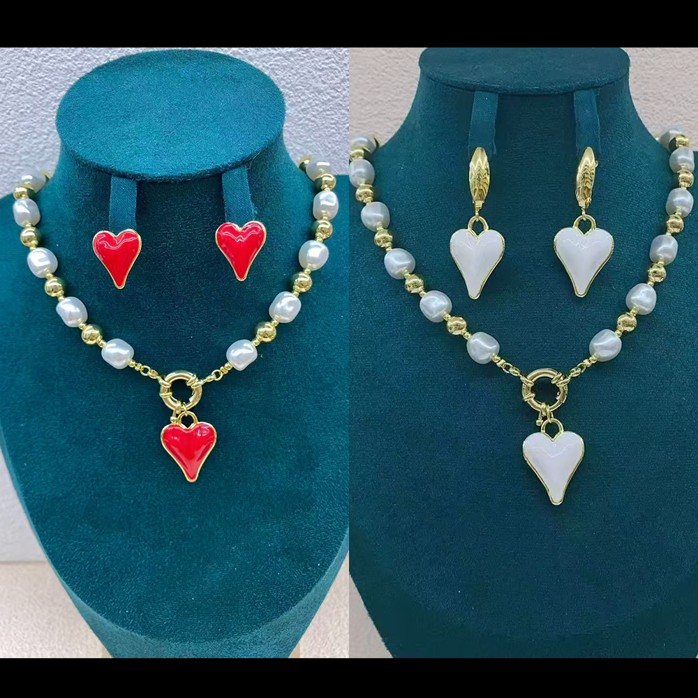 Classic New Copper Water Plated Colorful Oil Drop Heart Irregular Pearl Spacer Universal Clasp Earrings Necklace Jewelry Set