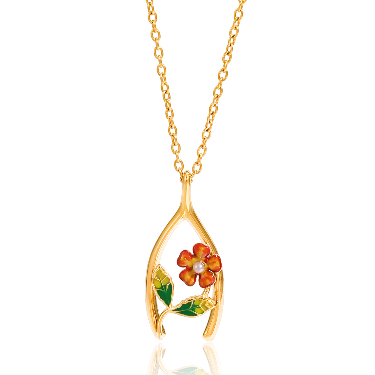 Women's Classic Style 18K Gold Stainless Steel + Shell Pearl + Oil Drop / Shell Pearl Oil Drop Flower Thanksgiving Lucky Wish Bone Y-shaped Pendant Necklace 45+5CM