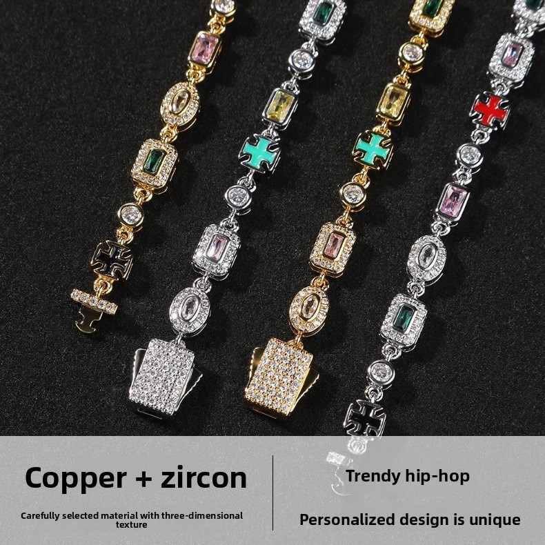 Colorful Gemstone Bracelet Unisex Hip-Hop Style Gold-Plated Copper Geometric Pattern Fashion Jewelry Inlaid Diamond Trendy Necklace Suitable For Men And Women