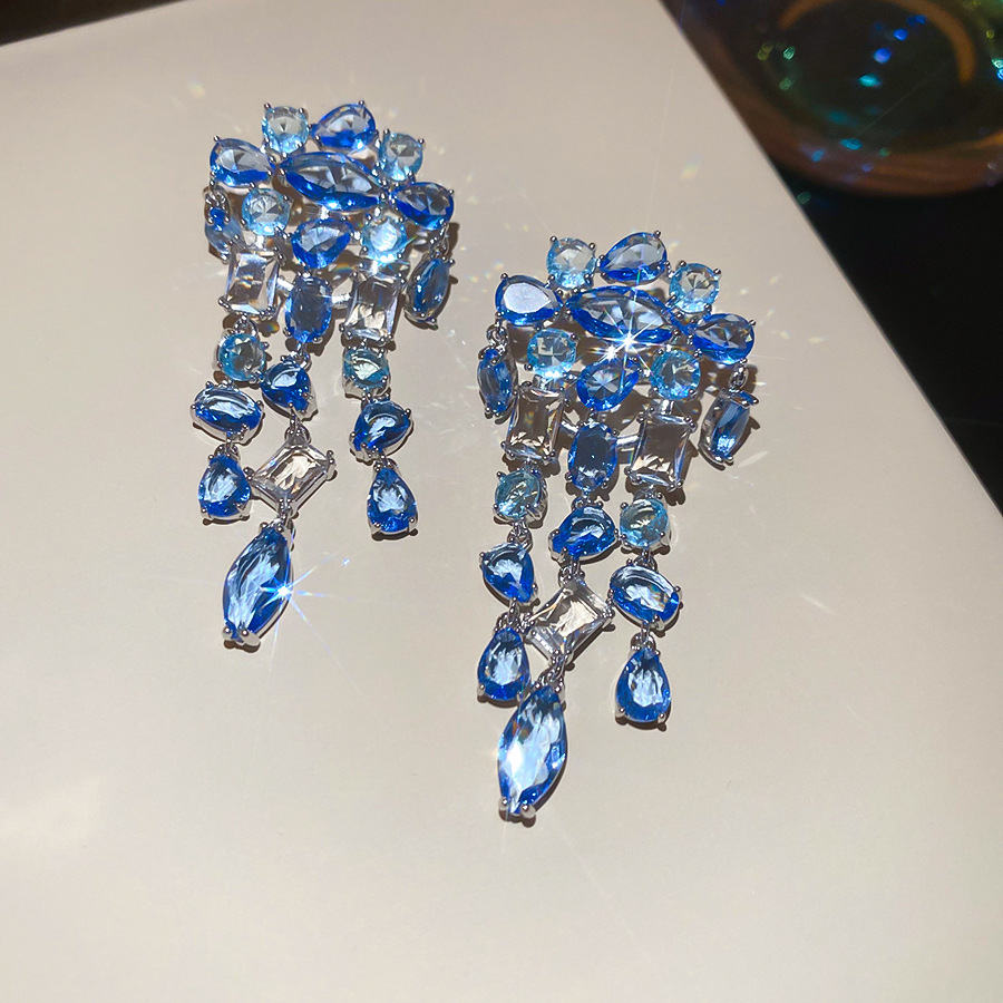 Fashionable Silver Needle Zircon Square Waterdrop Tassel Earrings Elegant Lightweight Luxury Feelings Women's Jewelry Accessories
