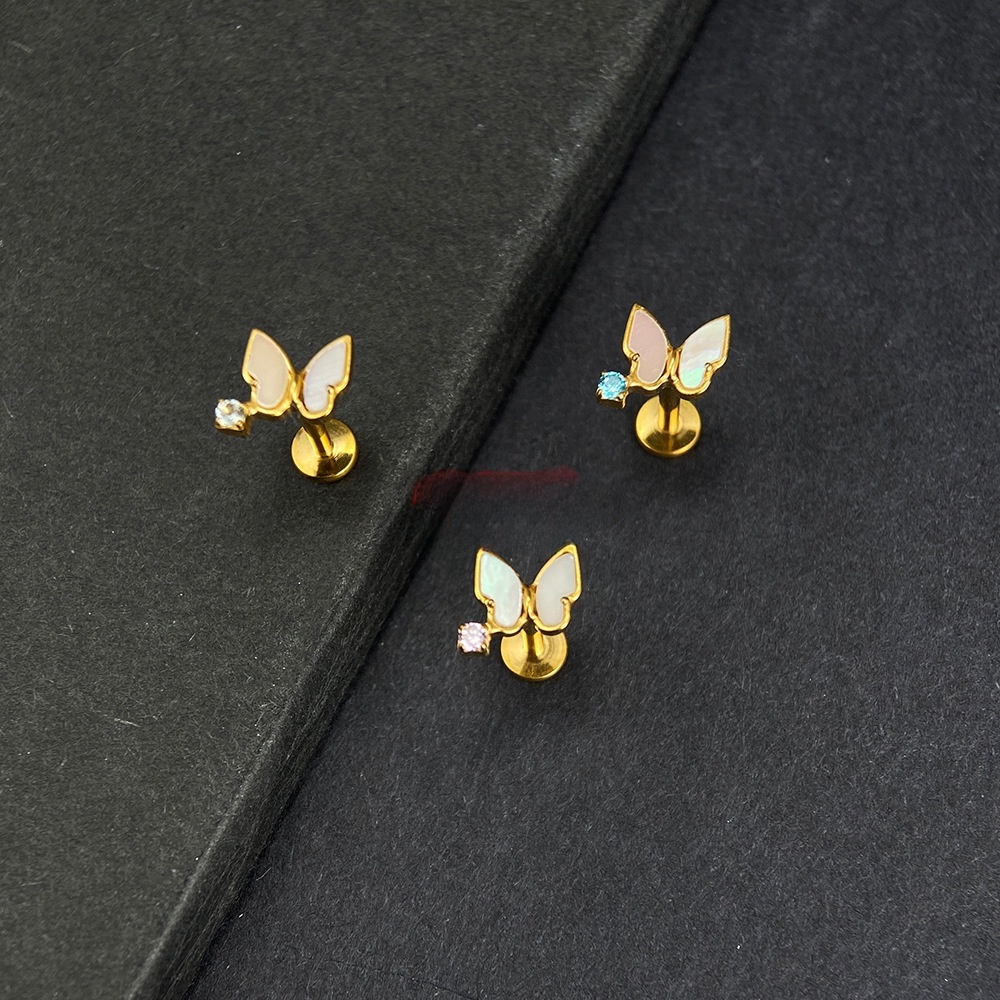 Titanium Alloy Butterfly Ear Studs Shell Inlay Piercing Lip Studs Inner Thread G23 Titanium Jewelry Unisex Fashion Accessories