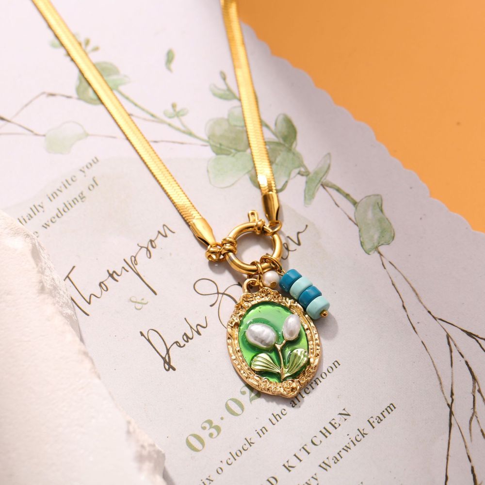 Necklace Oil Painting Tulip Geometric Simple Elegant Necklace Niche High-End Non-Fading Clavicle Chain Fashion Accessories