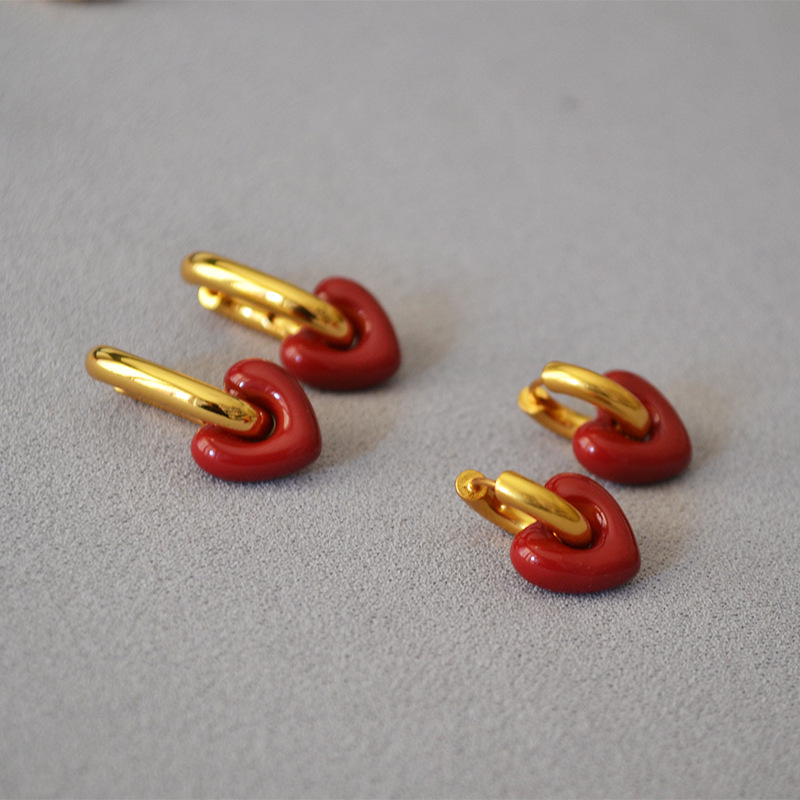 Korean Fashion Retro Red Thick Fat Small Love Handmade Enamel Glaze Personality Niche Temperament U-word Earrings Earrings