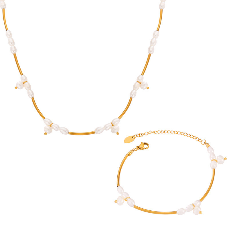 Hepburn Titanium Steel Pearl Bead Geometric Design Jewelry Set Simple Women's Accessories Jewelry