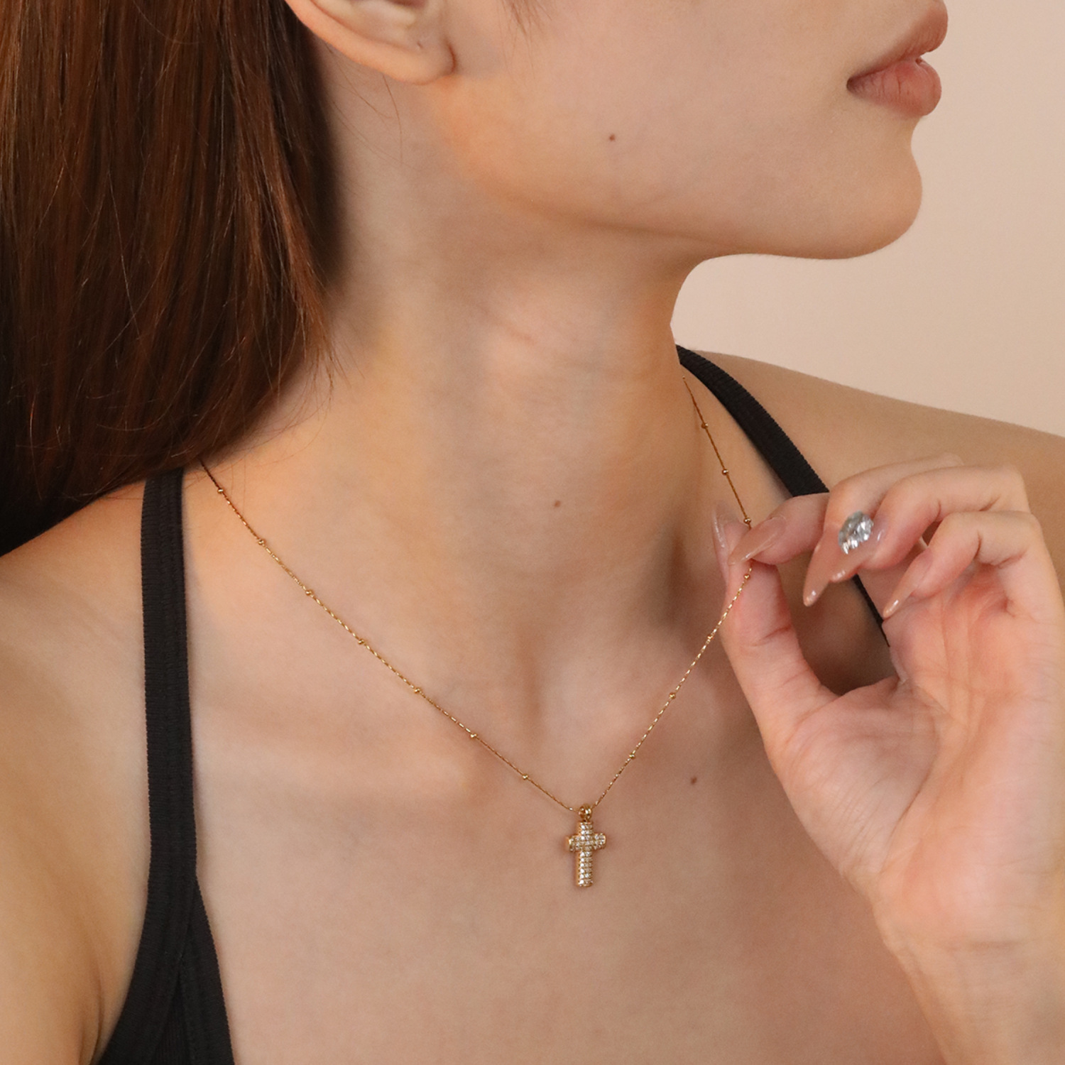 Elegant And Simple Cross Zircon Necklace For Women, European And American Style Jewelry Accessories, Geometric Pattern, 304 Stainless Steel Material