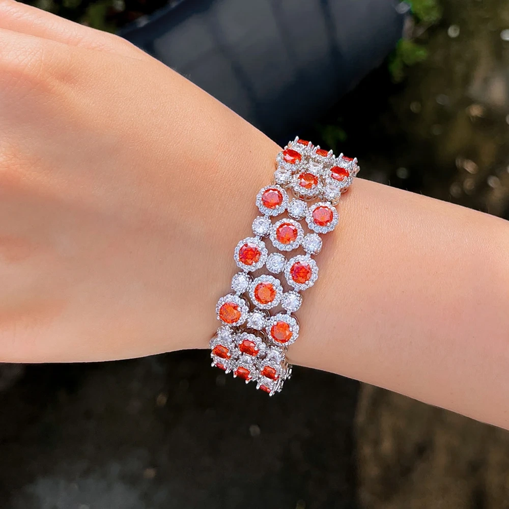 1 Copper Bracelet Luxurious Shiny Red Round Cubic Zirconia Wide Bangle For Women Exquisite Mother's Day Jewelry Holiday Gift