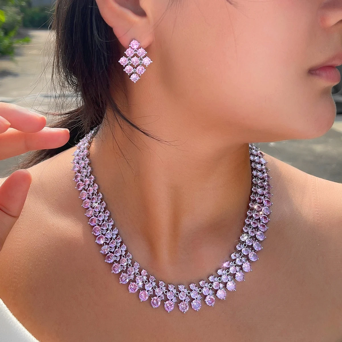 Luxury Shiny Pink Round Cubic Zircon Bridal Wedding Necklace 2pcs Sets For Women Nigerian African Party Jewelry
