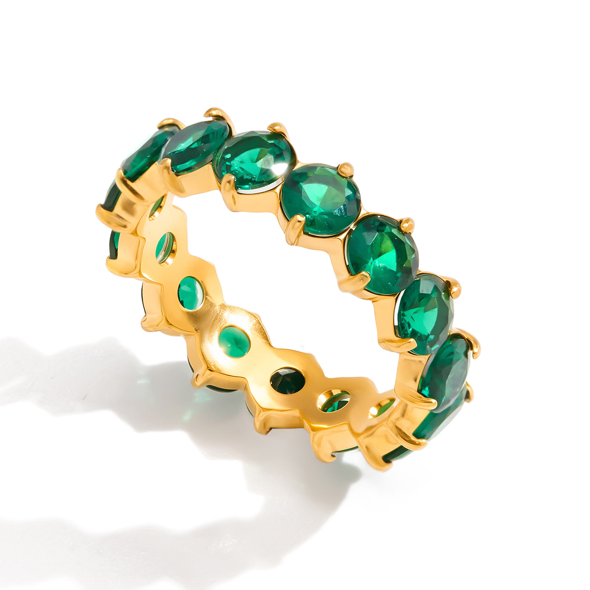 Women's Classic Style 18K Gold Stainless Steel + Zircon Stone Inlaid Green Round Zircon Ring Size 7