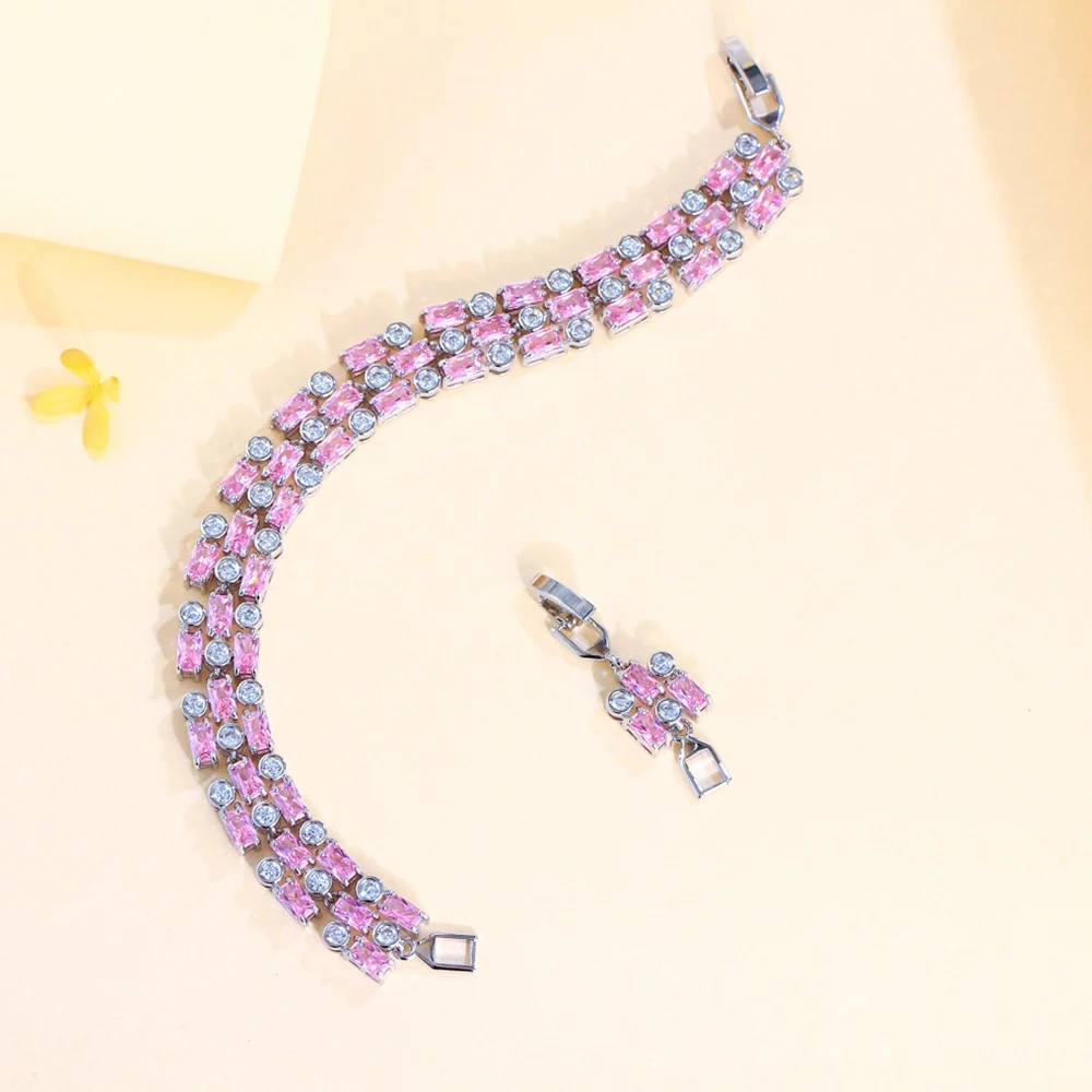 Geometric Shiny Pink Cubic Zirconia Big Wide Bracelets Bangles For Women Wedding Engagement Jewelry Accessories