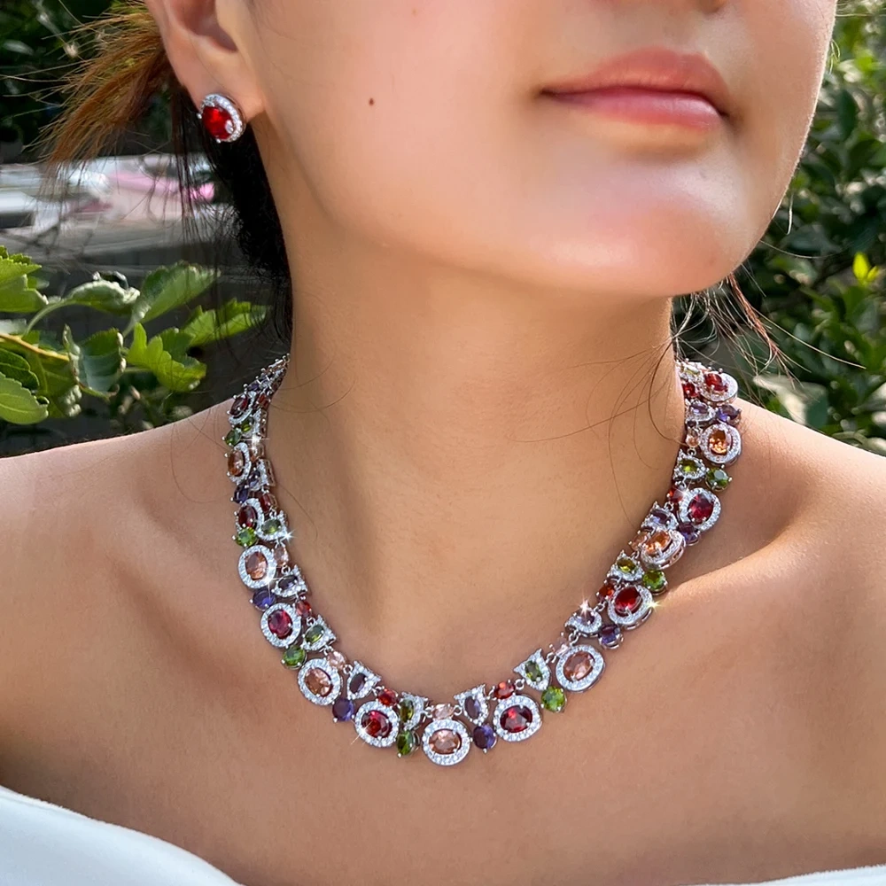 Copper Jewelry Two-Piece Set Luxurious Geometric Multicolor Cubic Zirconia Earrings Necklace Set For Women Bohemian Party Wedding Costume Jewelry