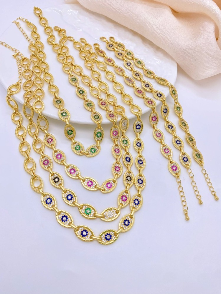 Fashionable High-End Copper Plated 18K Gold Evil Eye Bracelet Necklace Set  Style Jewelry Accessories