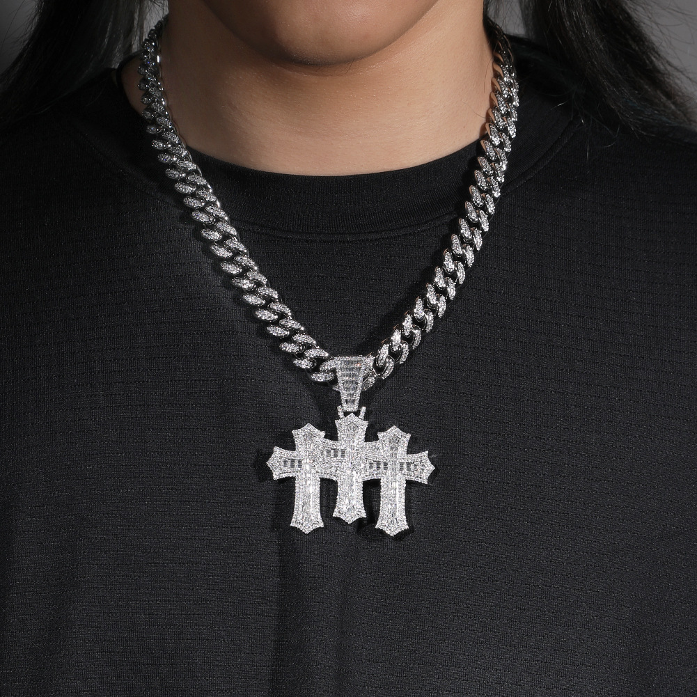 Hip Hop Cross Pendant Necklace Set Cuban Chain Zirconia Embedded Copper Geometric Patterned Jewelry For Men And Women